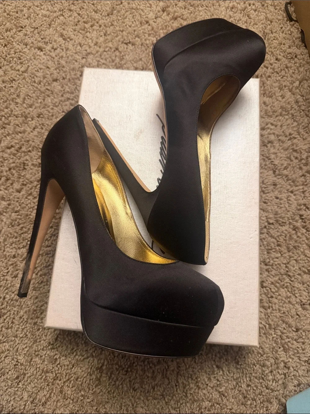 Brian Atwood Black Satin Platform Stiletto Pumps